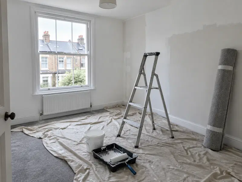 Empty bedroom being redecorated between tenancies, with dust sheets, ladder and new carpet