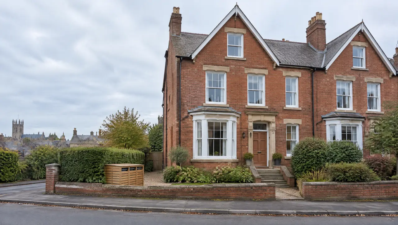 Three-storey Victorian red-brick house refurbished as a shared house, with a copper-brown front door and new sash windows
